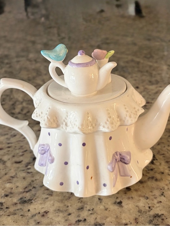 Teleflora Other - White Ceramic Teapot with Purple Polka Dots and Pastel Accents